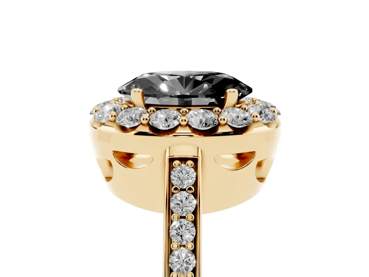 Fancy Black Oval Cut Diamond Floral Halo Ring with Pavé Band and Prong Setting Yellow gold