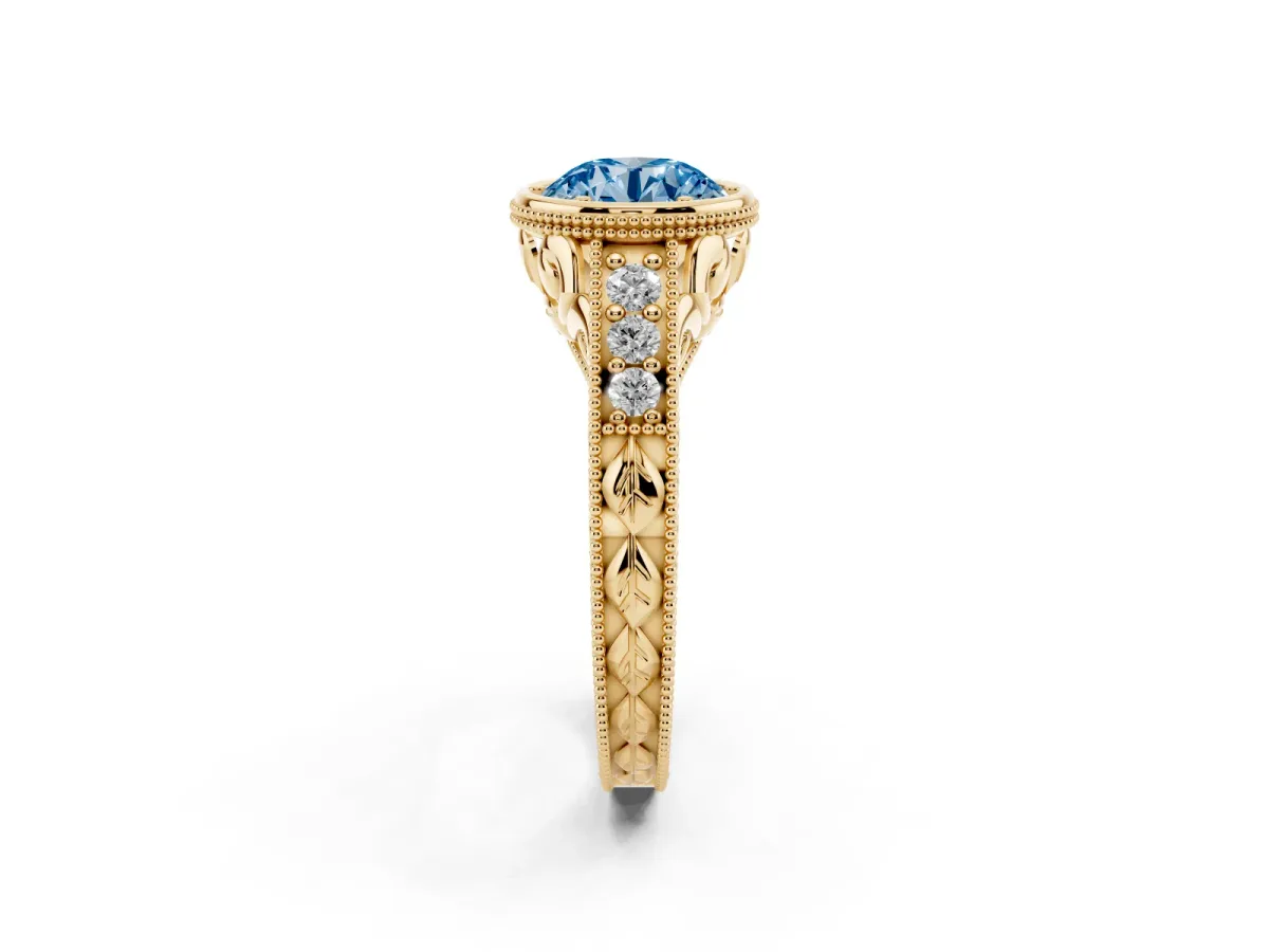 Fancy Blue Bezel Set Round Cut Diamond Milgrain Pave Engagement Ring Yellow gold