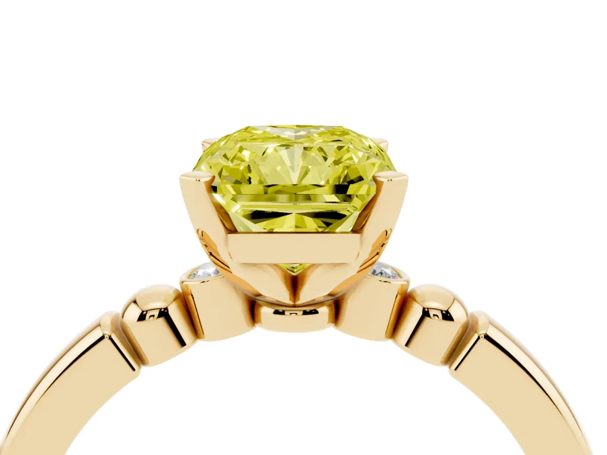 Fancy Yellow Radiant Cut Solitaire Beaded Band with Four-Prong Setting Yellow gold