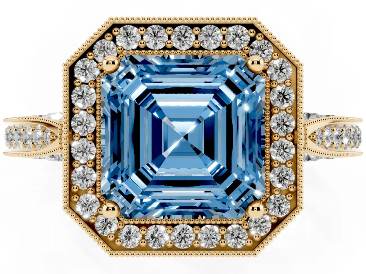 Fancy Blue Asscher Cut Halo Diamond Engagement Ring with Split Shank Band and Four-Prong Setting Yellow gold