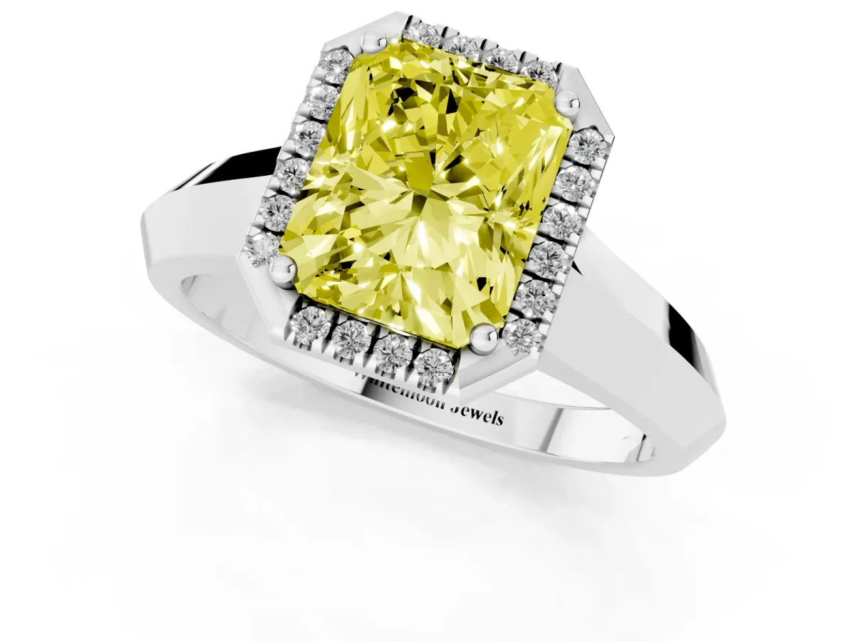 Fancy Yellow Radiant Cut Halo Diamond Ring with Cathedral Band and Four-Prong Setting White gold
