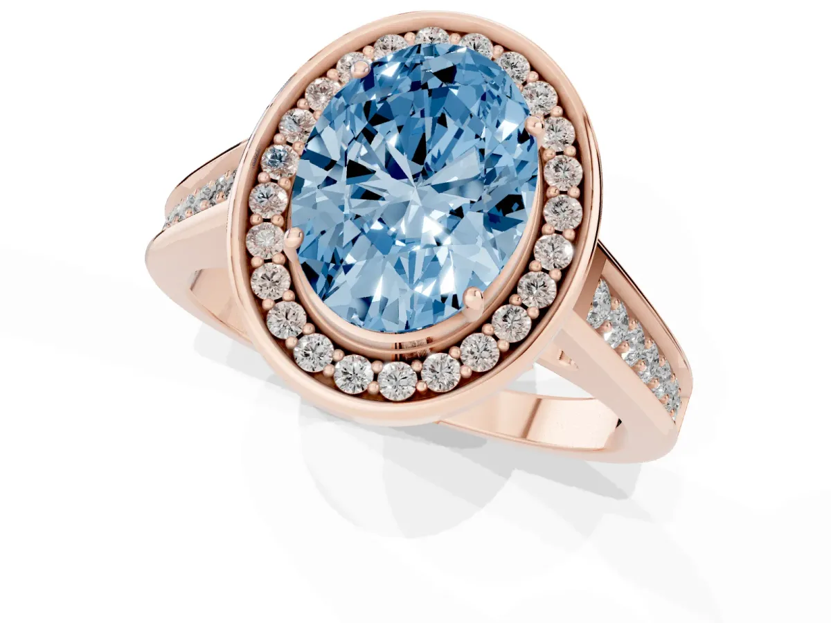Fancy Blue Oval Cut Halo Solitaire Diamond Ring with Pave Band and Bezel Setting Rose gold