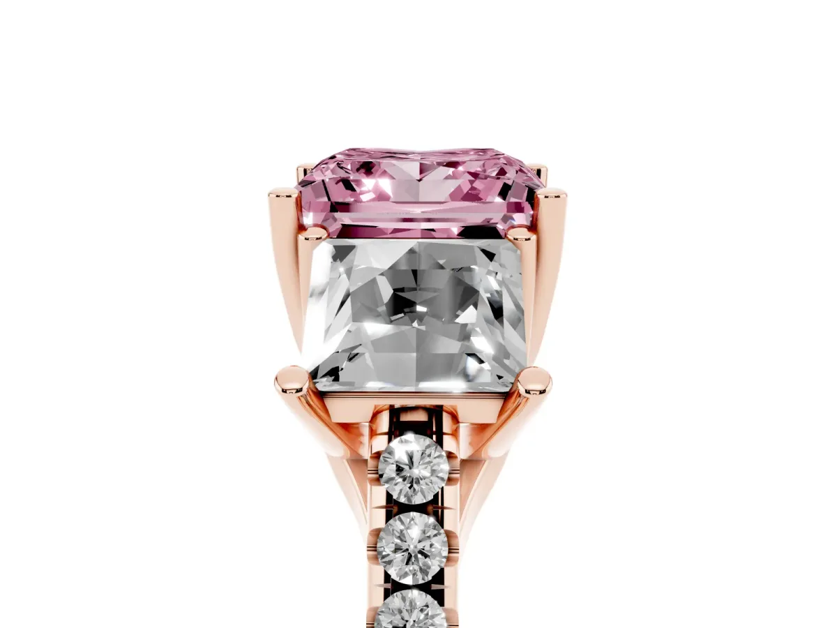 Fancy Pink Three-Stone Princess Cut Diamond Ring with Round Pavé Band and Prong Setting Rose gold