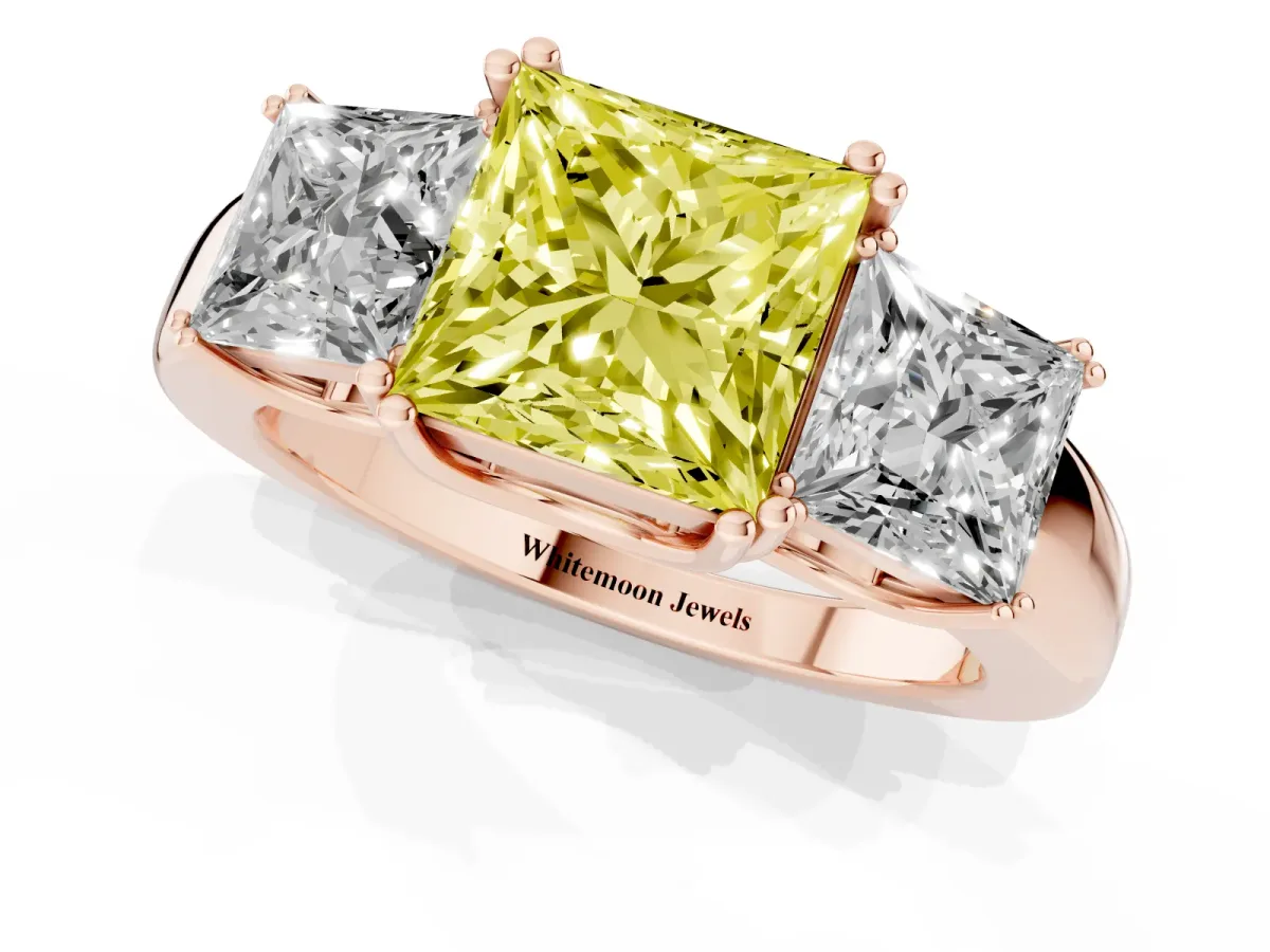 Fancy Yellow Three-Stone Princess Cut Cut Diamond Ring with Channel Set Band and Four-Prong Setting Rose gold