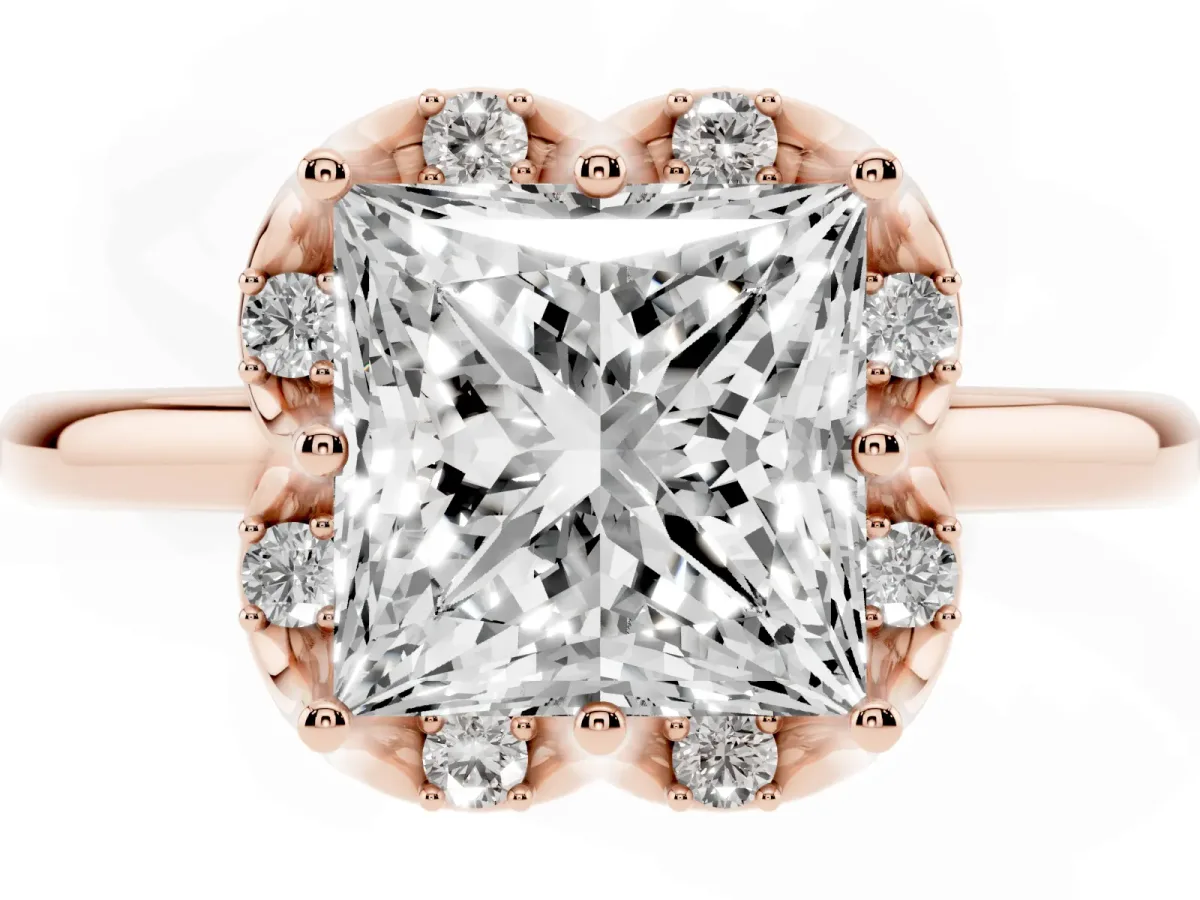Princess Cut Halo Diamond Ring with Round Cluster Setting, Solitaire Band, and Four-Prong Setting Rose gold