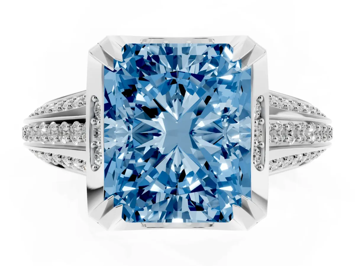 Fancy Blue Radiant Cut Solitaire Pave Split Shank Ring with Four-Prong Setting White gold