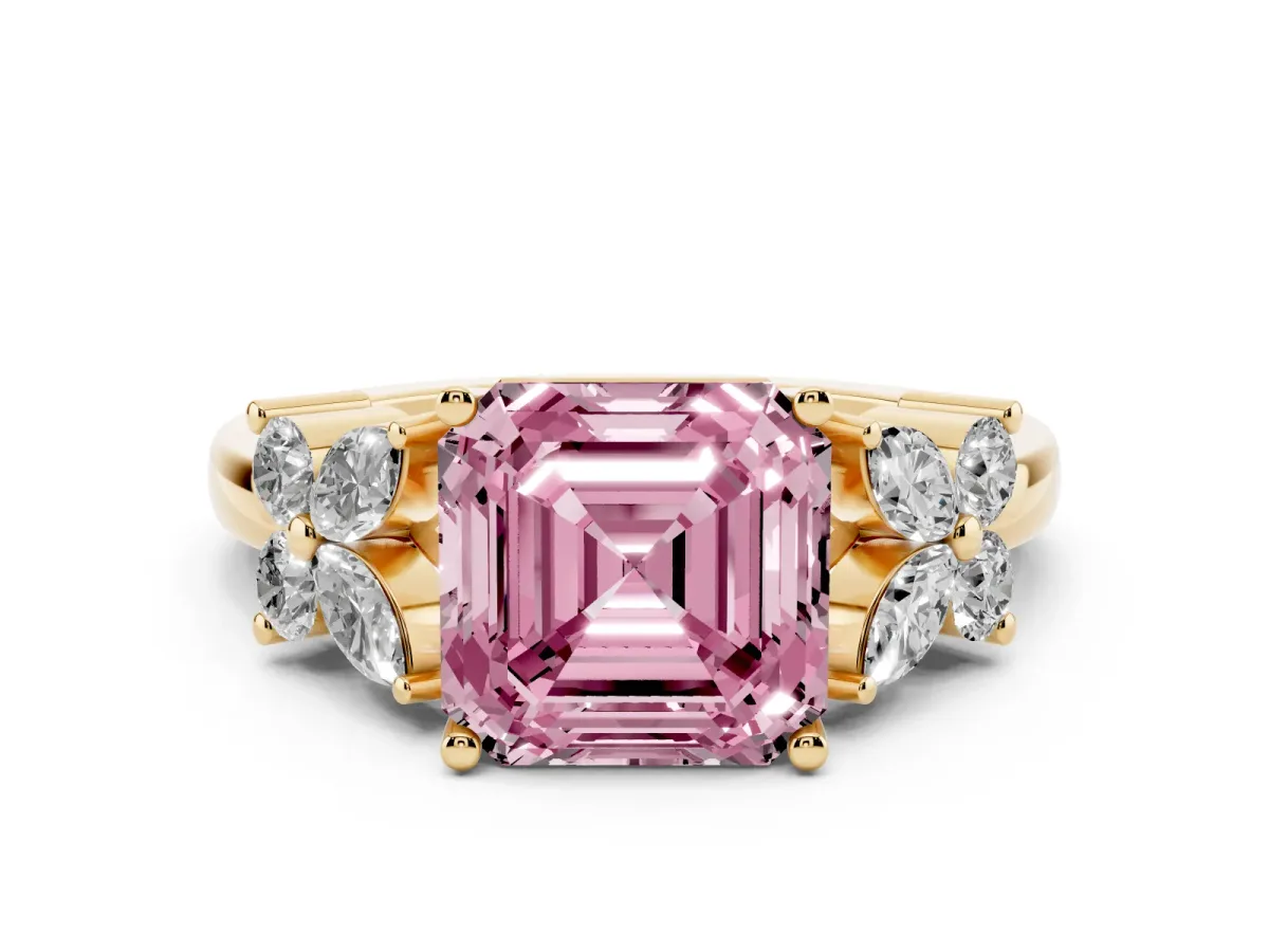 Fancy Pink Princess Cut Diamond Floral Cluster Ring with Solitaire Band and Prong Setting Yellow gold