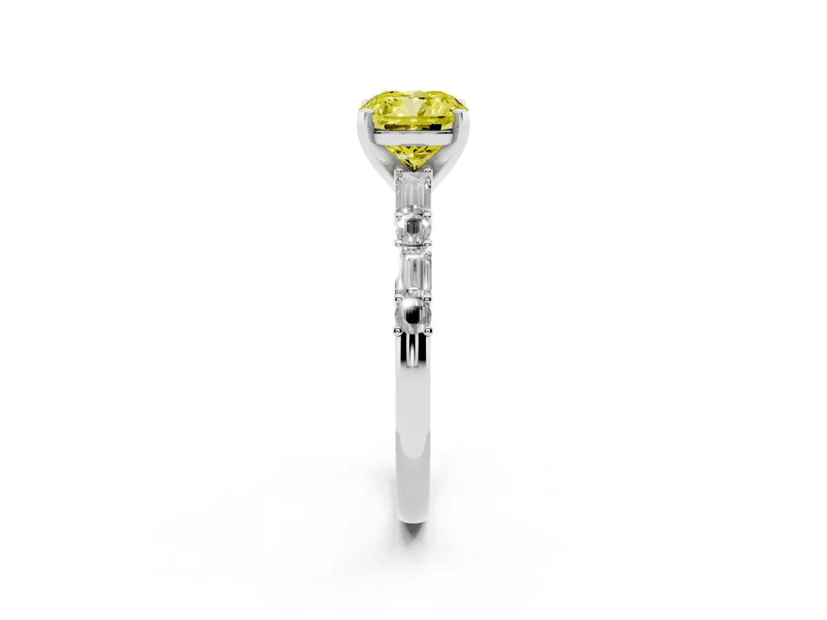 Fancy Yellow Cushion Cut Diamond Solitaire with Side Baguettes and Channel Set Band White gold