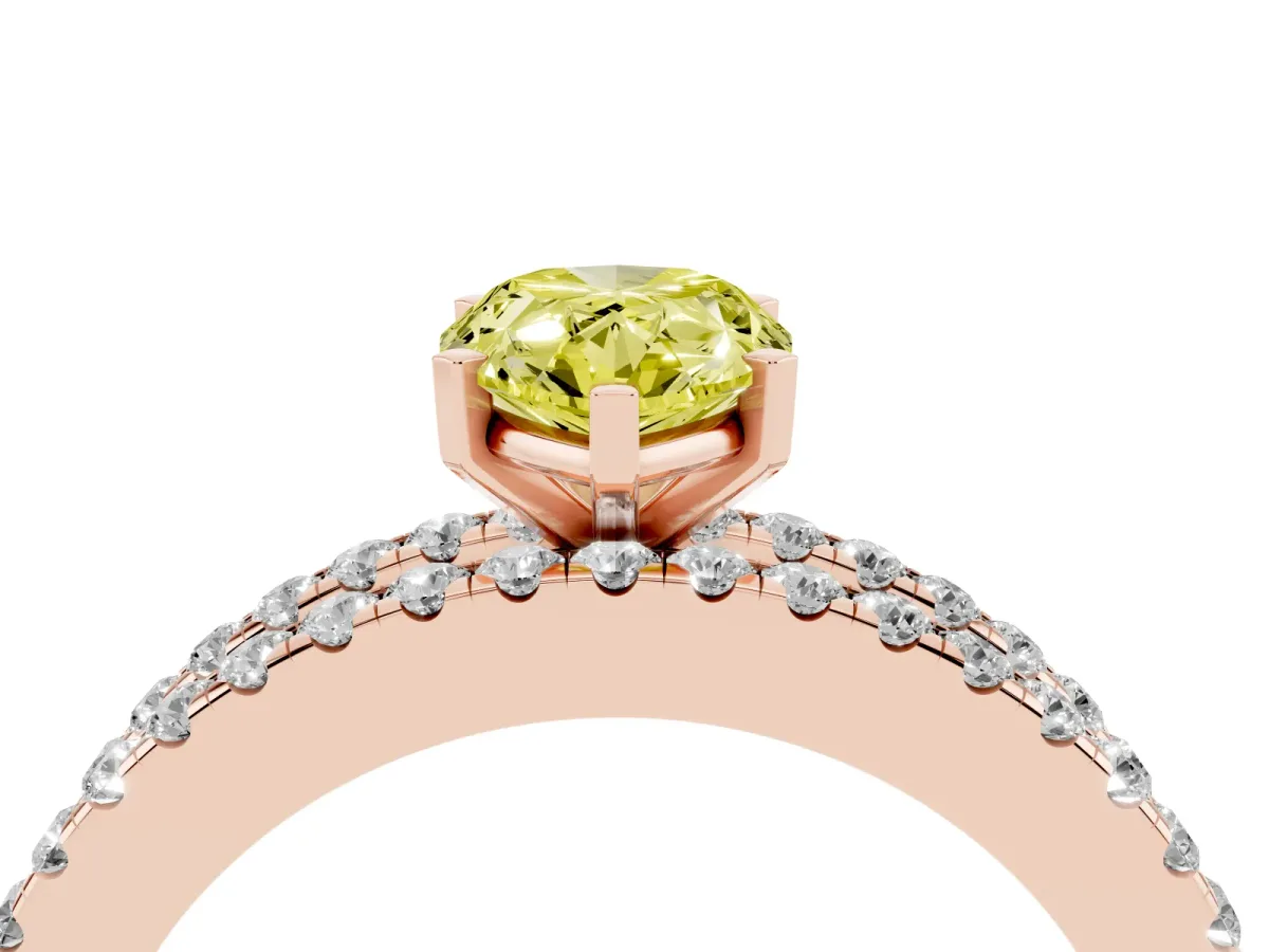 Fancy Yellow Pear Cut Diamond Solitaire Ring with Pavé and Channel Set Band Rose gold