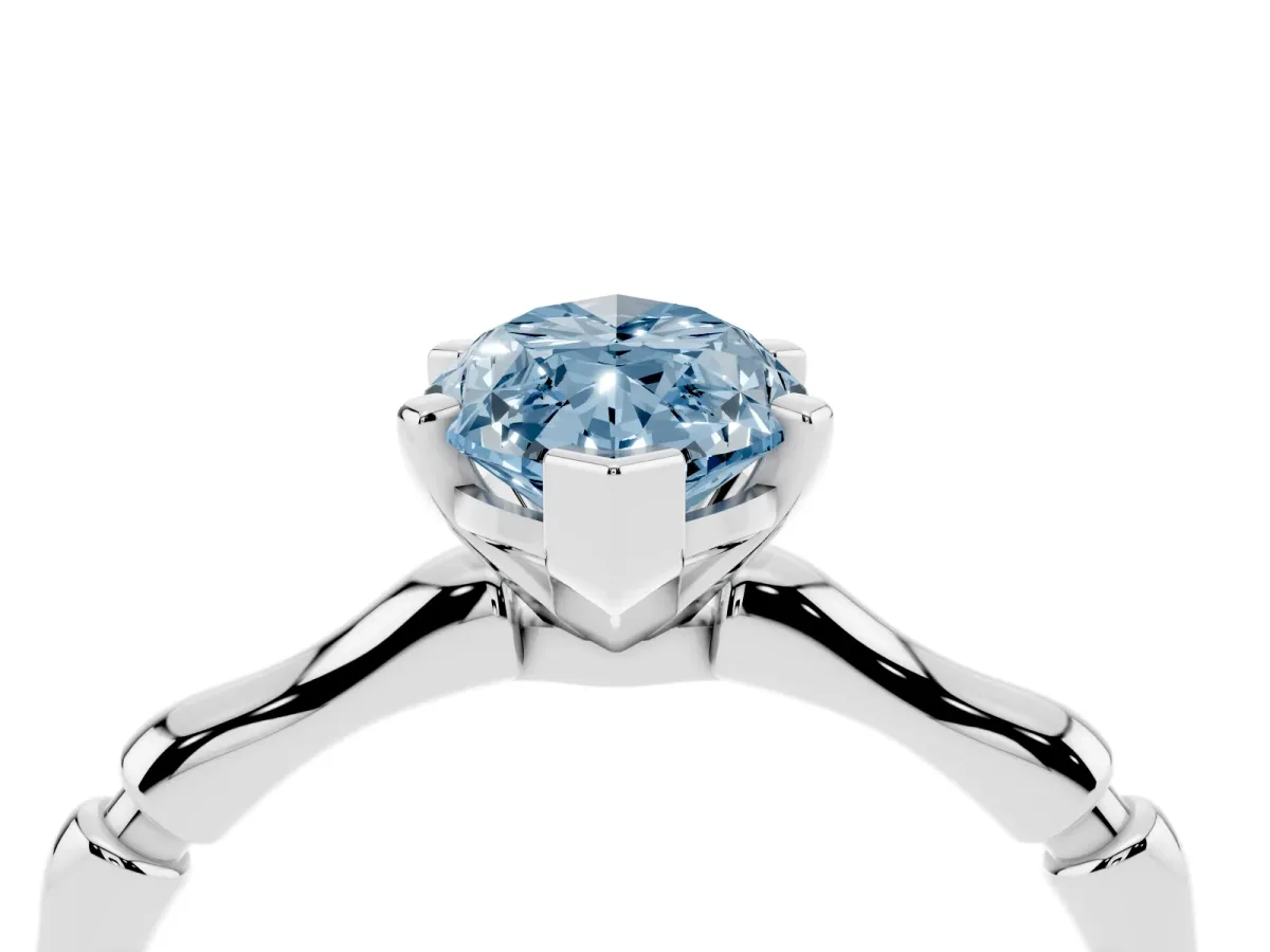 Fancy Blue Marquise Cut Solitaire Diamond Ring with Bamboo Band and Four-Prong Setting Silver