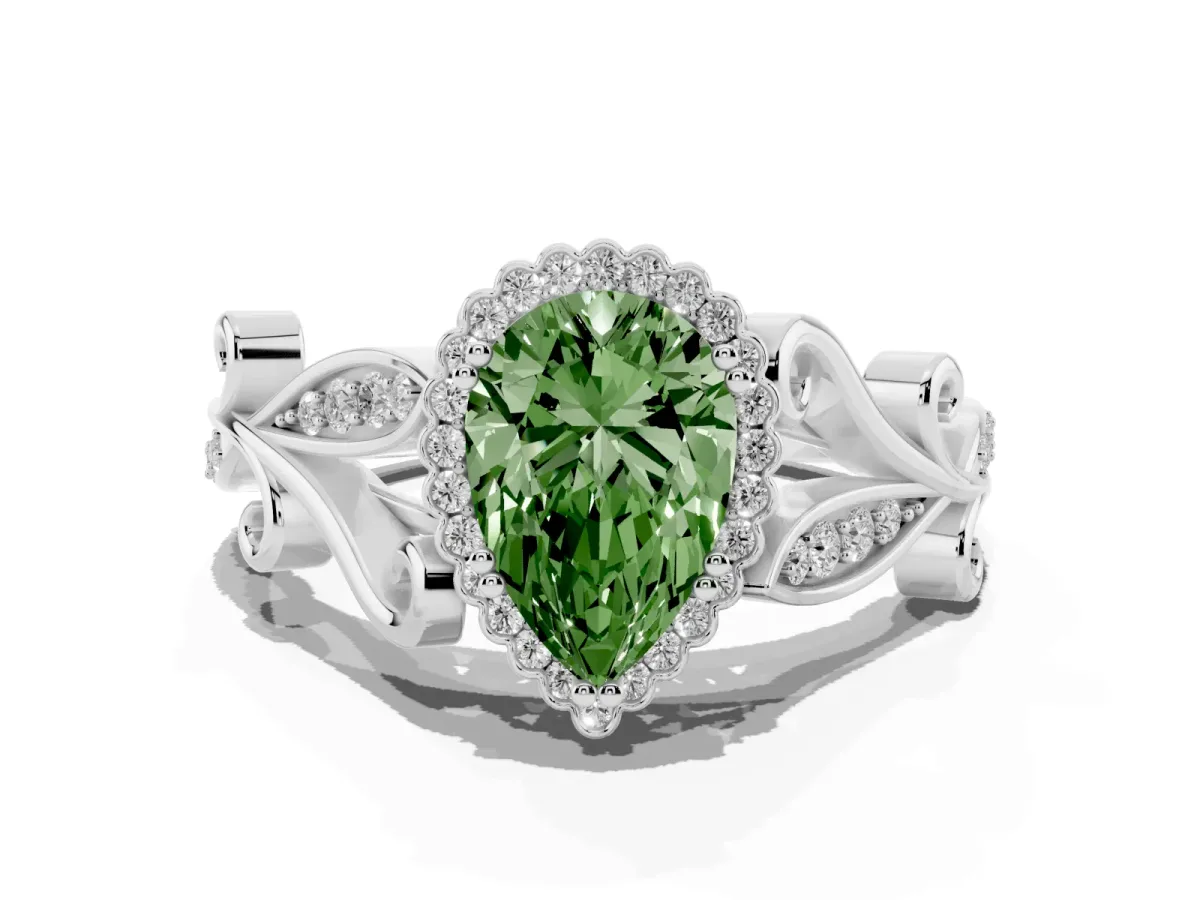 Fancy Green Pear Cut Diamond Halo Ring with Vintage Split Shank and Four-Prong Setting Silver