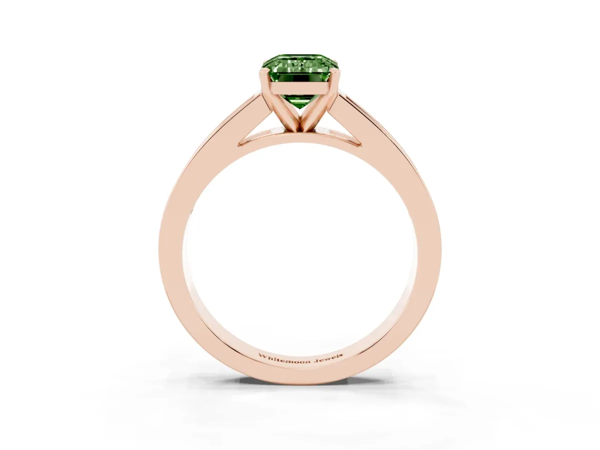 Fancy Green Emerald Cut Solitaire Diamond Ring with Channel-Set Band and Four-Prong Setting Rose gold