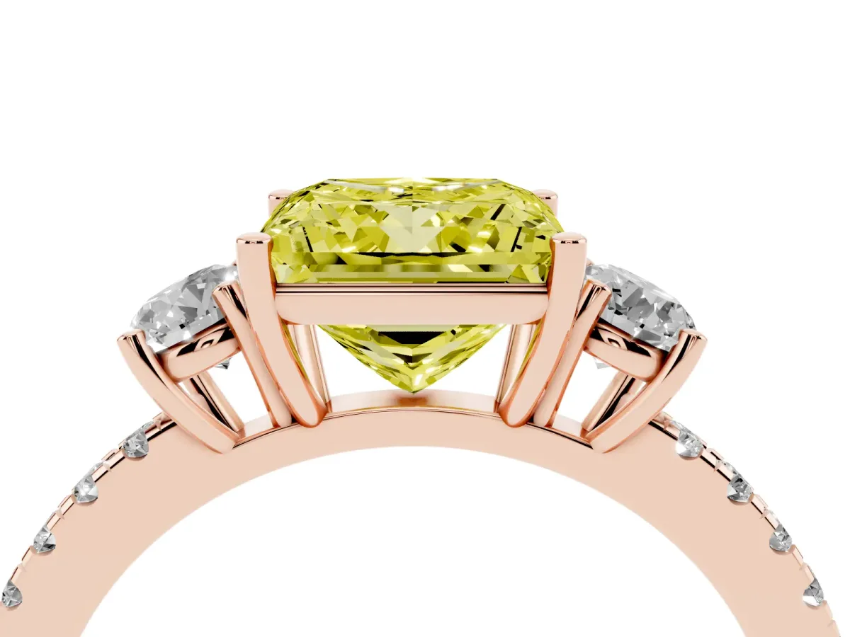 Fancy Yellow Three-Stone Princess Cut Cut Diamond Pavé Band with Prong Setting Rose gold
