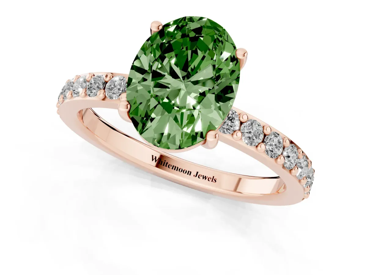 Fancy Green Oval Cut Cut Diamond Solitaire with Pave Band and Four-Prong Setting Rose gold