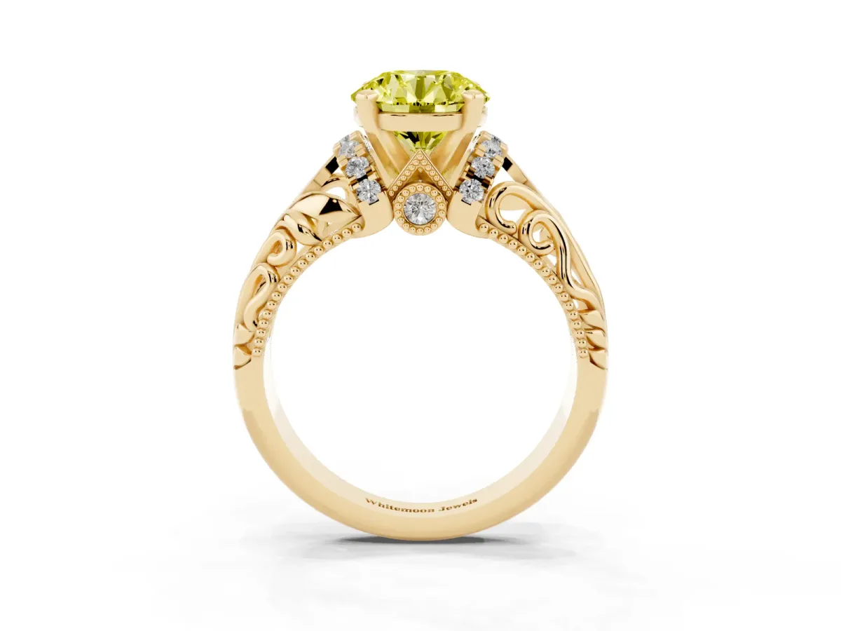 Fancy Yellow Round Cut Solitaire Filigree Engagement Ring with Halo and Prong Setting Yellow gold