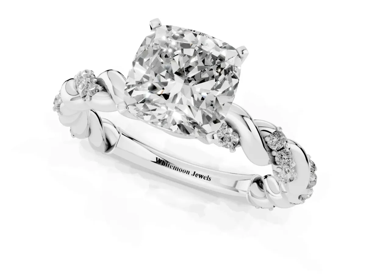 Cushion Cut Diamond Solitaire Ring with Twisted Band and Pavé Accents Platinum