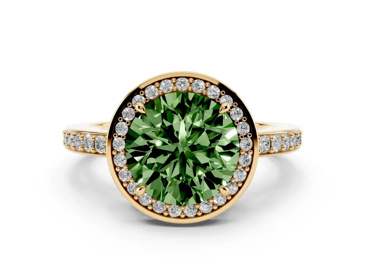 Fancy Green Round Cut Halo Pave Band Solitaire Ring with Prong Setting Yellow gold