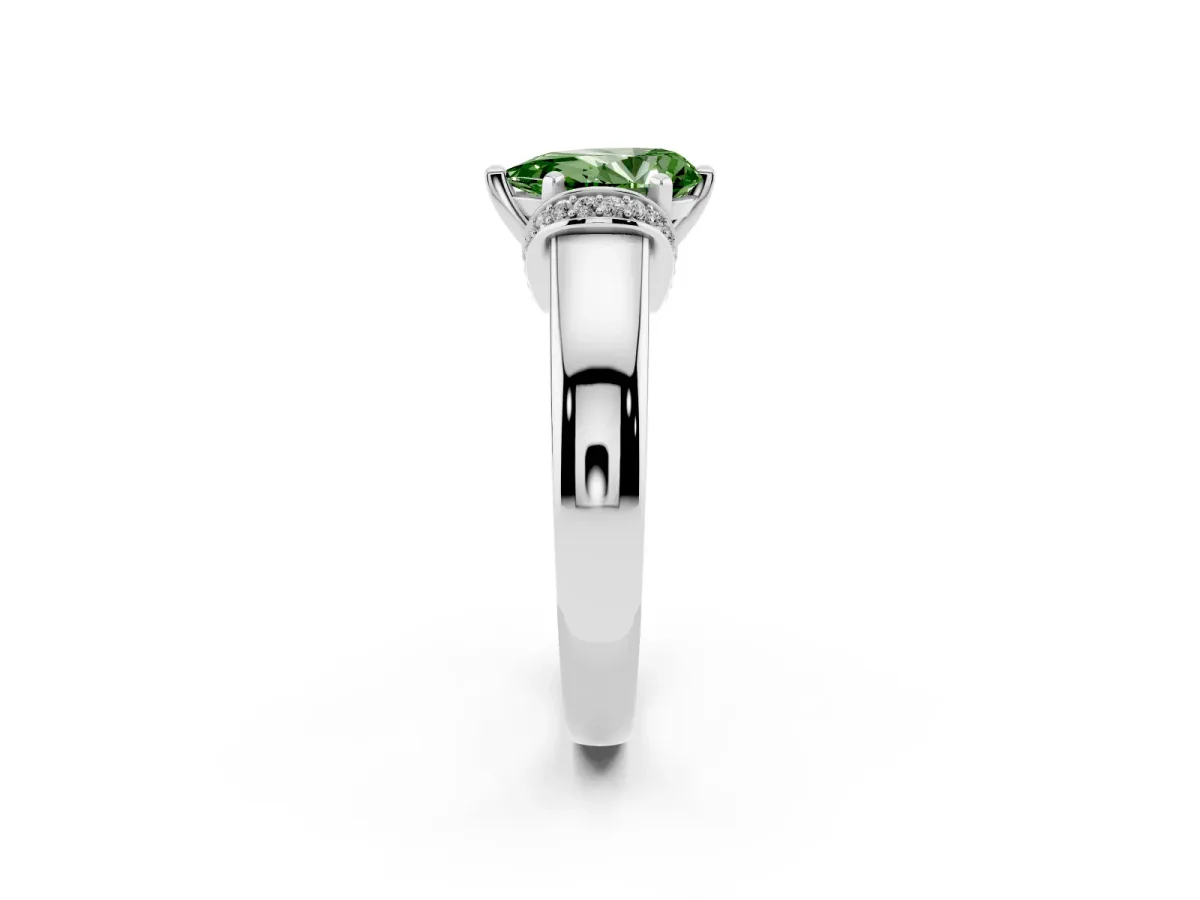Fancy Green Pear Cut Solitaire Diamond Ring with Pave Band and Six-Prong Setting Silver