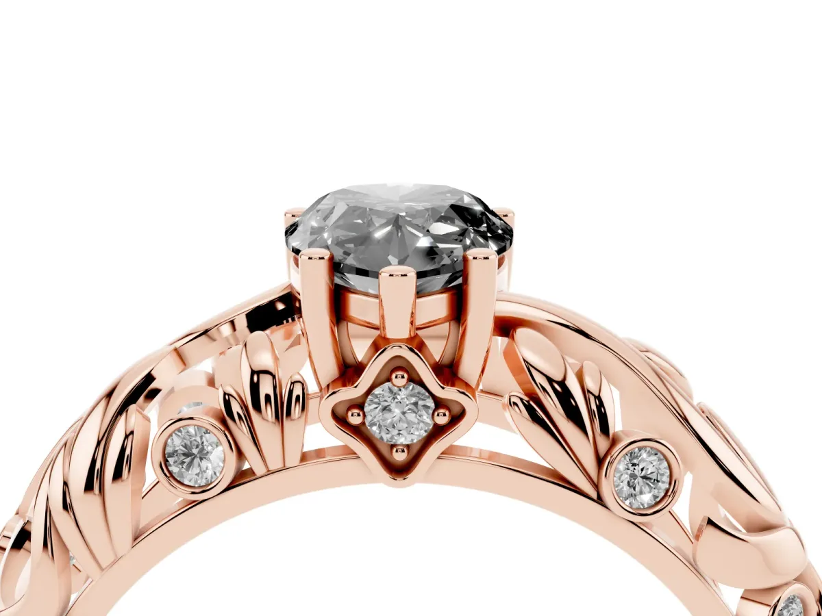Fancy Black Pear Cut Solitaire Diamond Leaf-Inspired Vine Band Ring with Prong Setting Rose gold