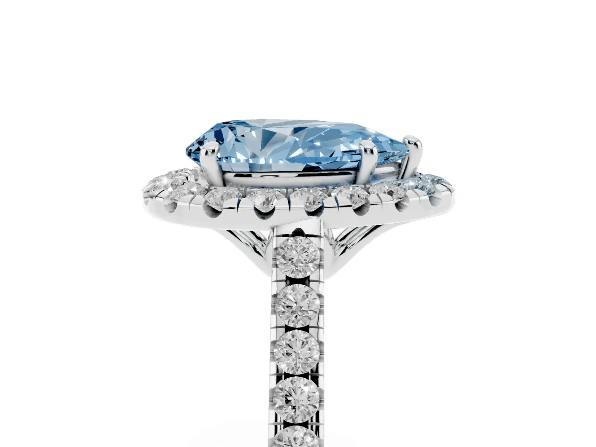 Fancy Blue Pear Cut Halo Pavé Diamond Engagement Ring with Four-Prong Setting Silver