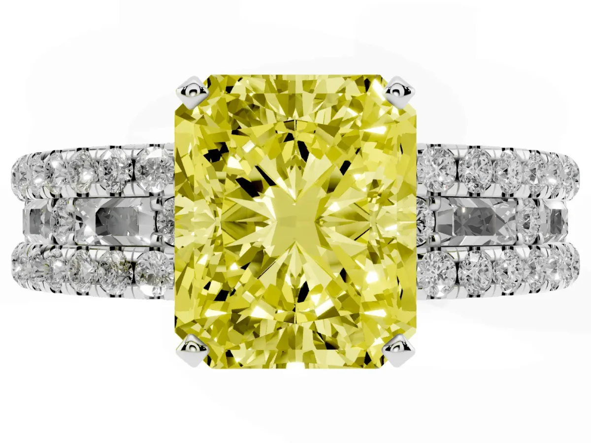 Fancy Yellow Radiant Cut Diamond Solitaire Ring with Pavé and Channel Set Band Platinum