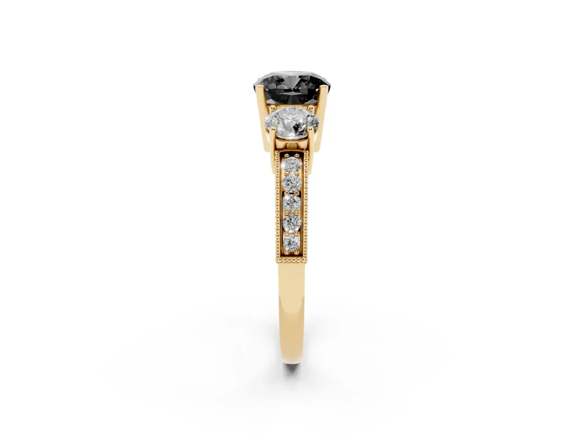 Fancy Black Cushion Cut Three-Stone Diamond Ring with Pavé Band and Four-Prong Setting Yellow gold