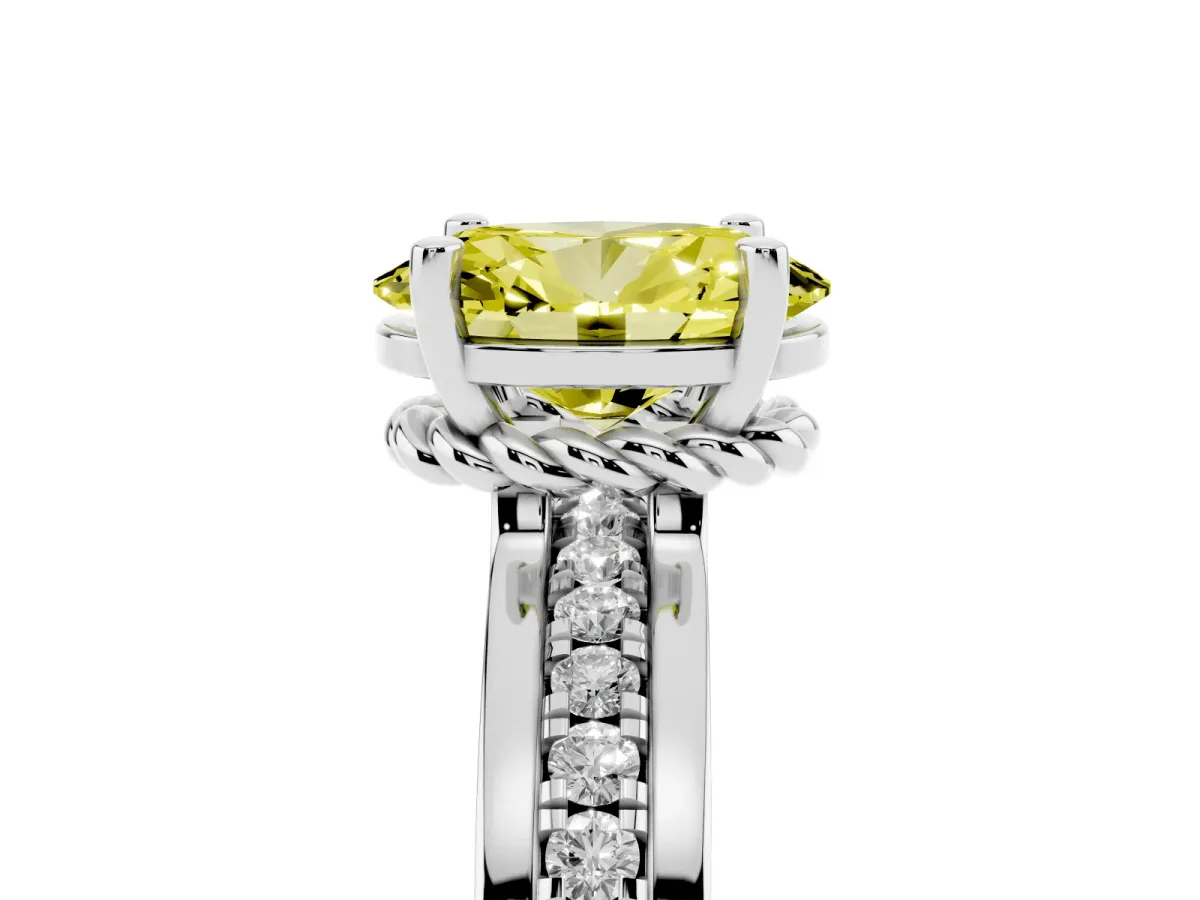 Fancy Yellow Oval Cut Solitaire Diamond Ring with Channel Set Band and Six-Prong Setting Silver