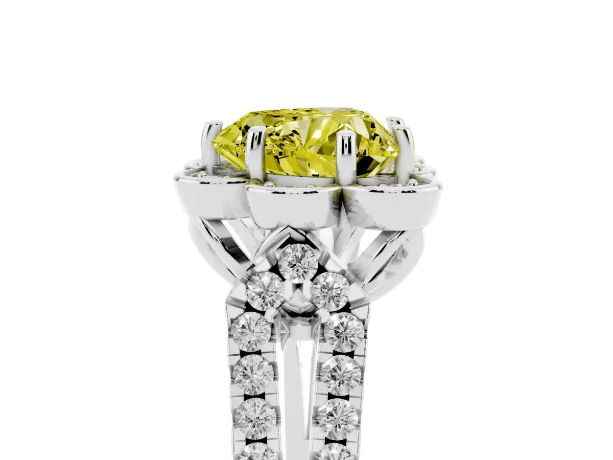 Fancy Yellow Heart Cut Halo Diamond Floral Split Shank Engagement Ring Silver