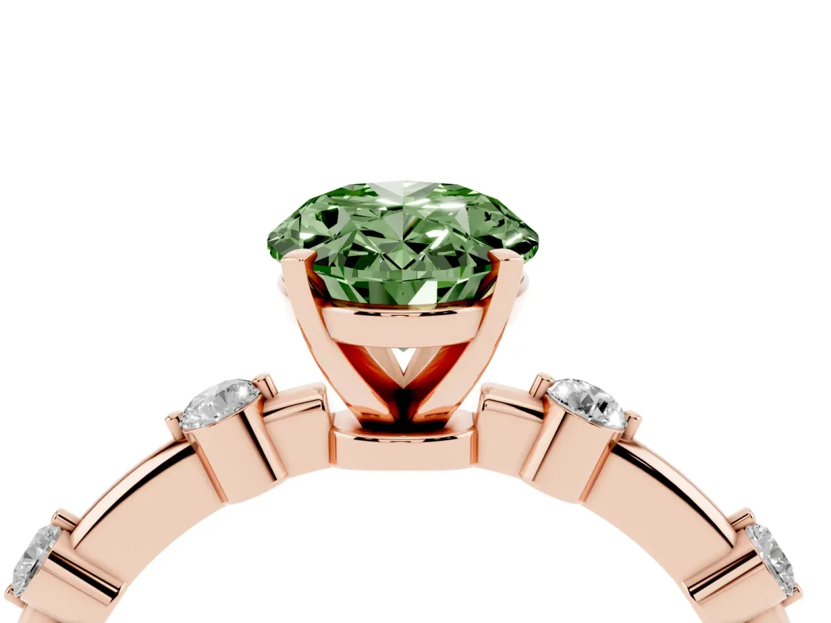 Fancy Green Oval Cut Solitaire Diamond Ring with Bezel Set Side Stones and Prong Setting Rose gold