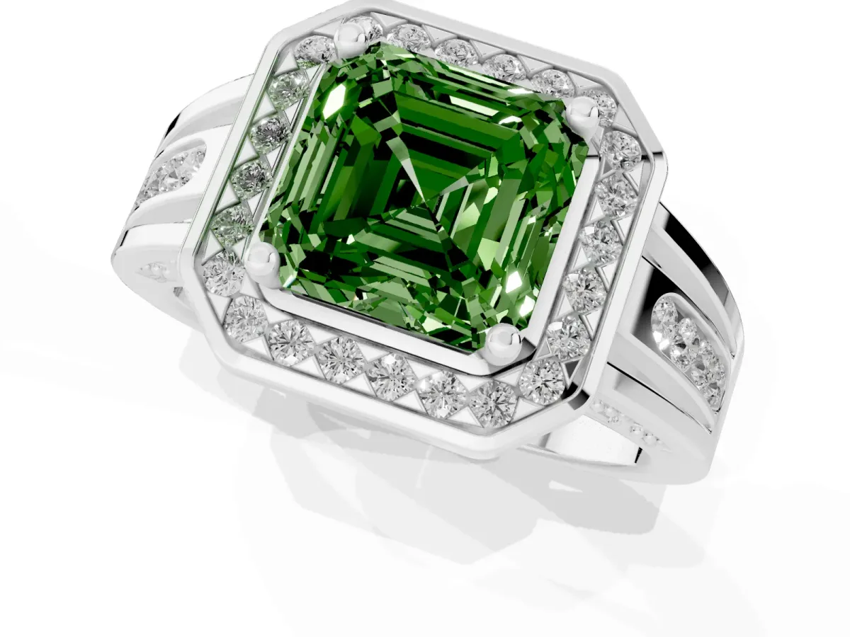 Fancy Green Asscher Cut Diamond Halo Ring with Split Shank and Bezel Accents and Prong Setting Silver