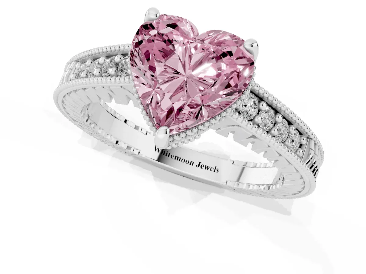 Fancy Pink Heart Cut Solitaire Pavé Diamond Milgrain Engagement Ring with Four-Prong Setting Silver