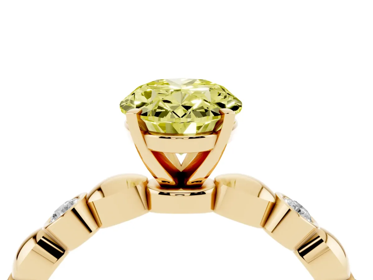 Fancy Yellow Oval Cut Solitaire Bezel-Set Diamond Ring with Beaded Band and Four-Prong Setting Yellow gold