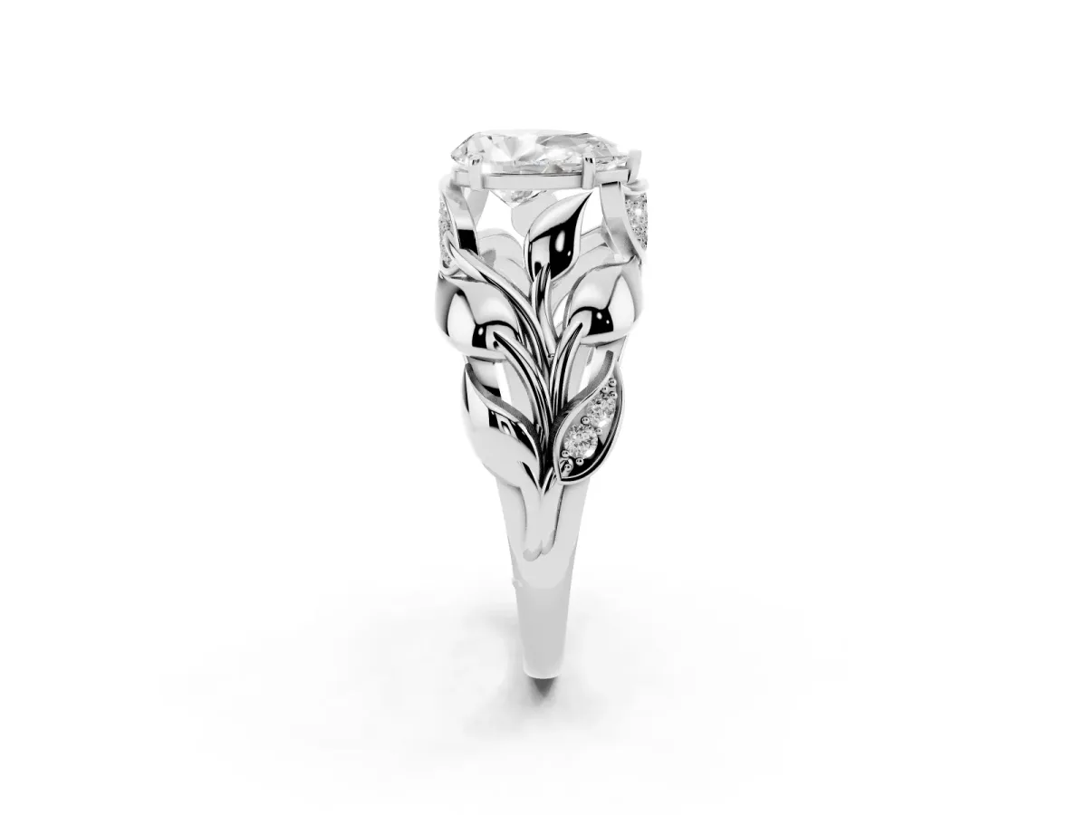 Pear Cut Diamond Leaf-Inspired Engagement Ring with Round Accents and Prong Setting Silver