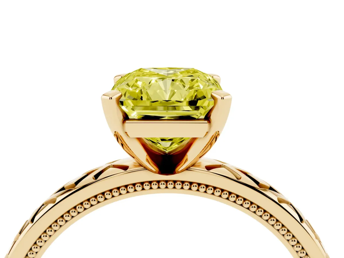 Fancy Yellow Radiant Cut Solitaire Diamond Ring with Milgrain and Black Enamel X Pattern Band Yellow gold