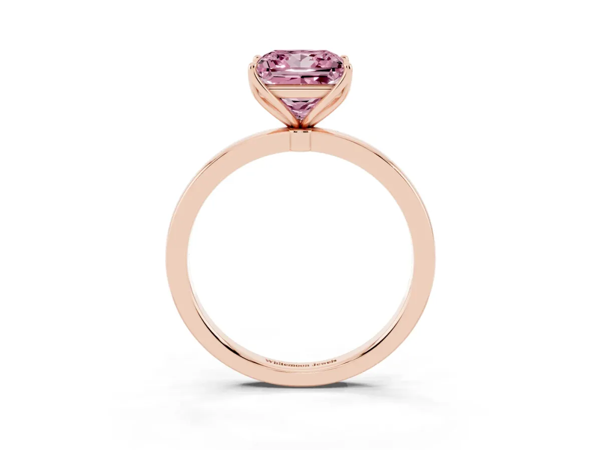 Fancy Pink Princess Cut Diamond Solitaire Ring with Thin Band and Prong Setting Rose gold