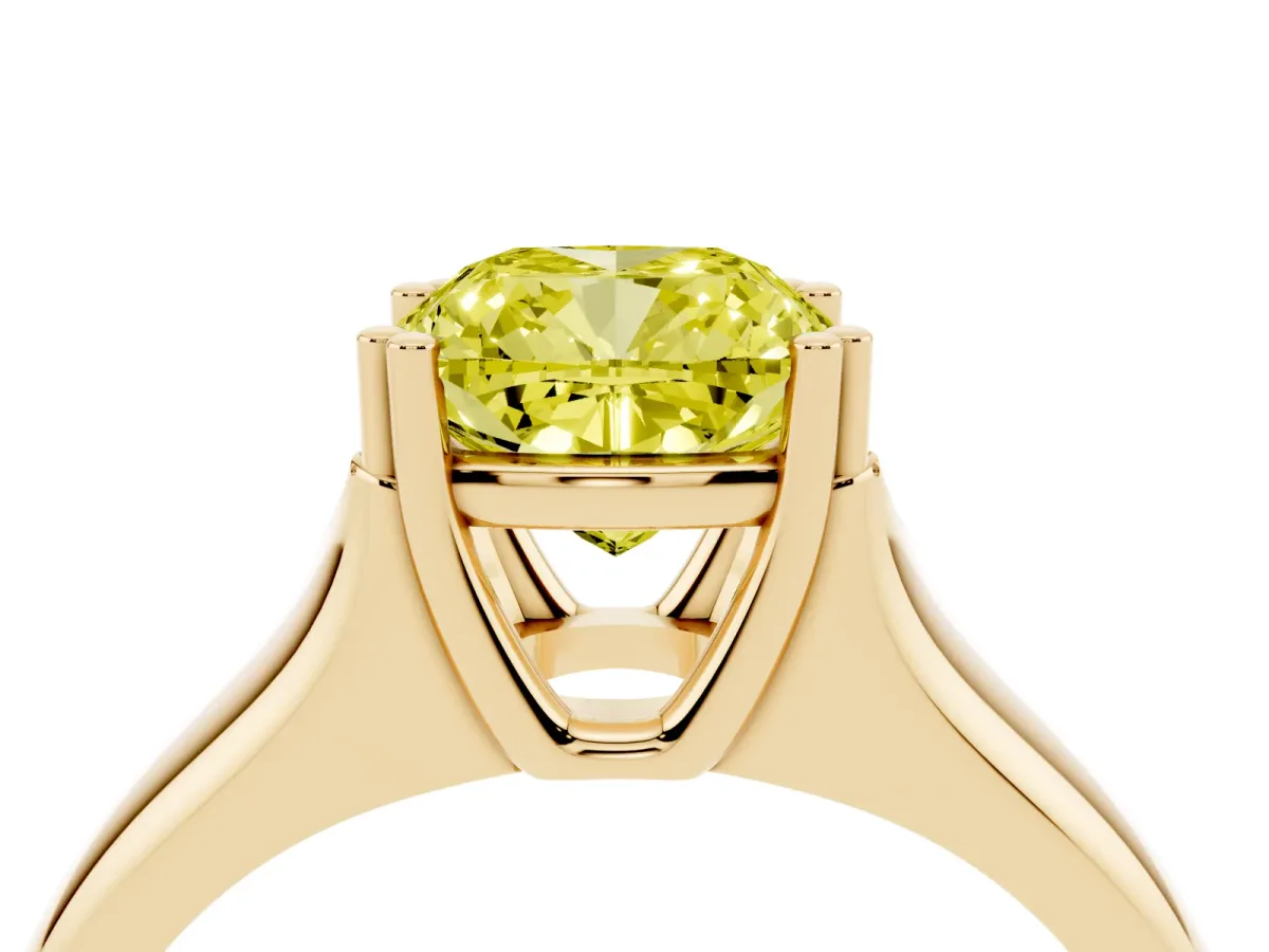 Fancy Yellow Cushion Cut Diamond Solitaire Ring with Wide Band and Prong Setting Yellow gold