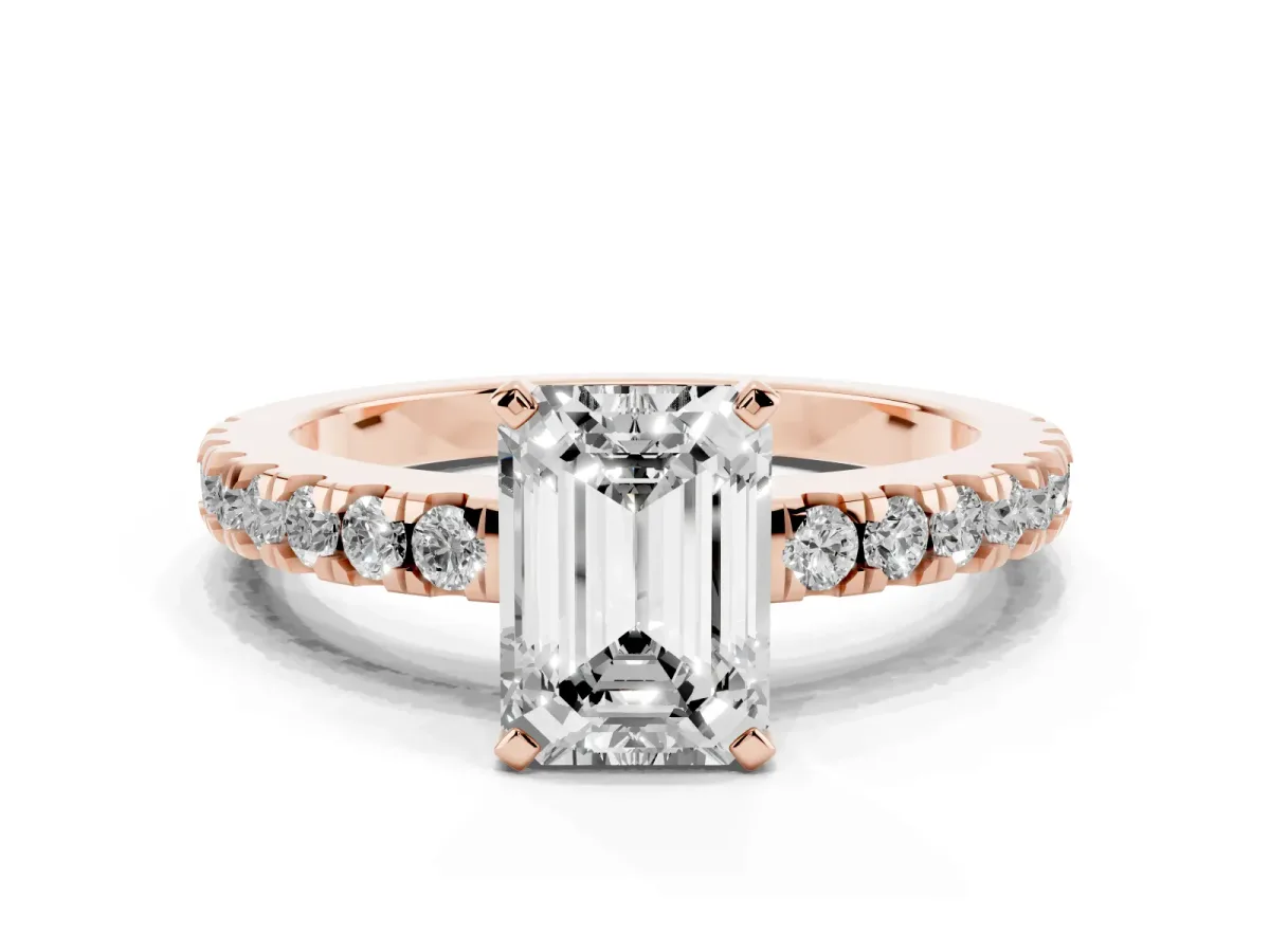 Emerald Cut Solitaire Diamond with Pavé Band and Four-Prong Setting Rose gold