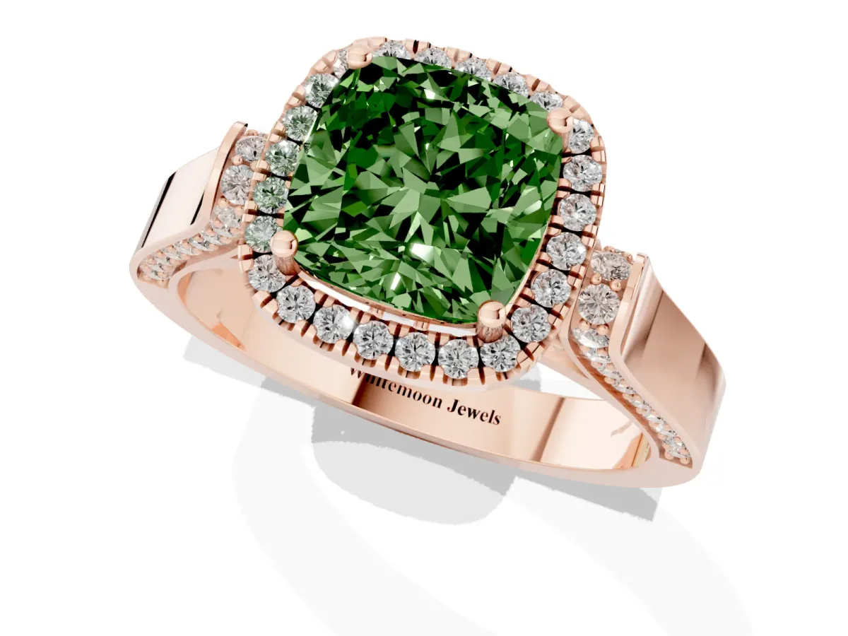 Fancy Green Cushion Cut Halo Pave Split Shank Prong Setting Ring Rose gold