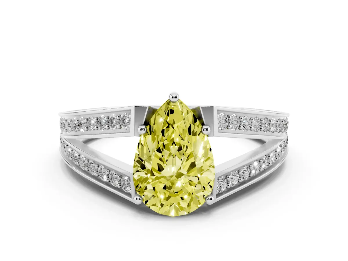 Fancy Yellow Pear Cut Diamond Split Shank Ring with Pavé Band and Four-Prong Setting Silver