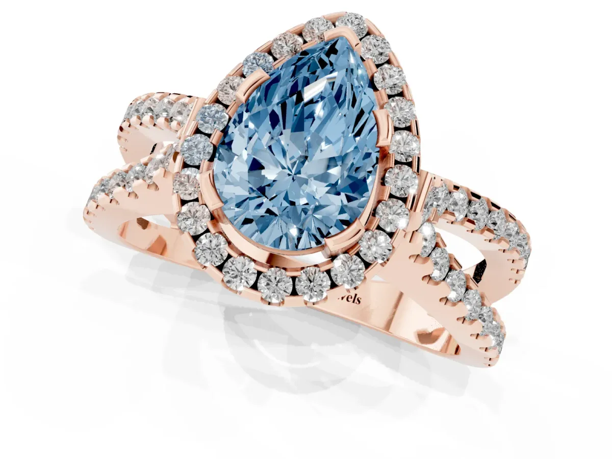 Fancy Blue Pear Cut Diamond Halo Ring with Split Shank Pavé Band and Prong Setting Rose gold