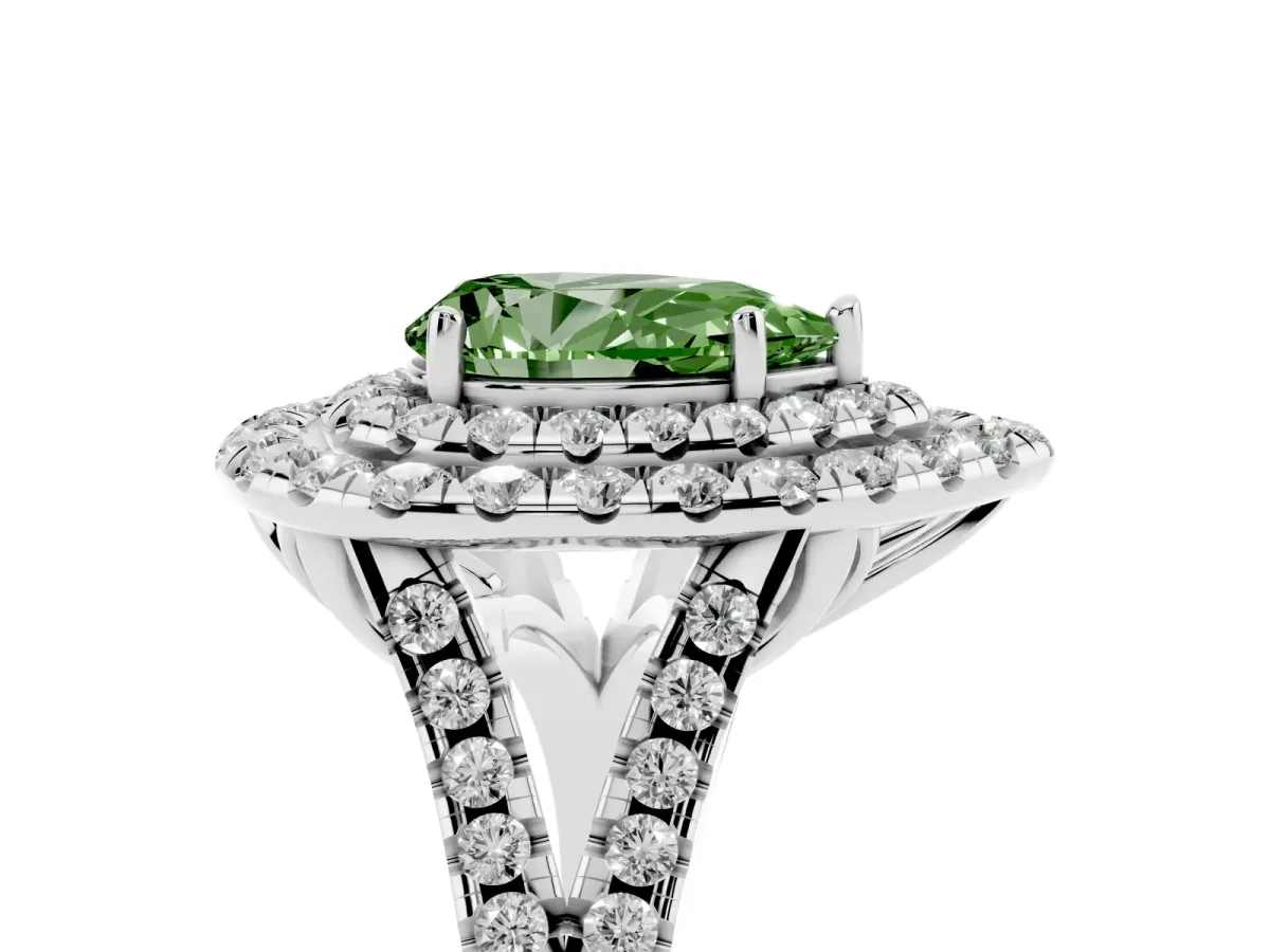 Fancy Green Double Halo Pear Cut Diamond Pavé Split Shank Ring with Prong Setting Platinum