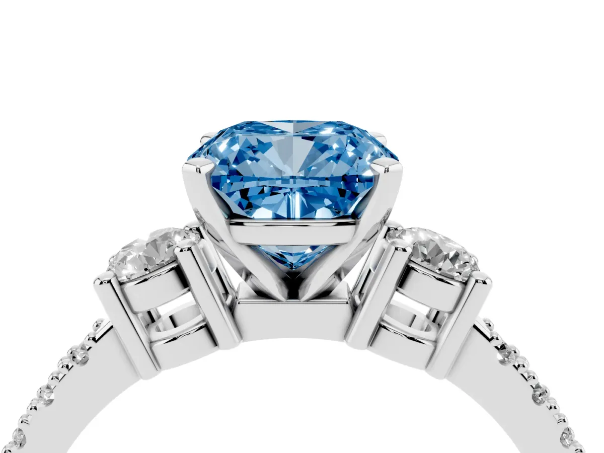 Fancy Blue Cushion Cut Three-Stone Diamond Pavé Band with Prong Setting Platinum