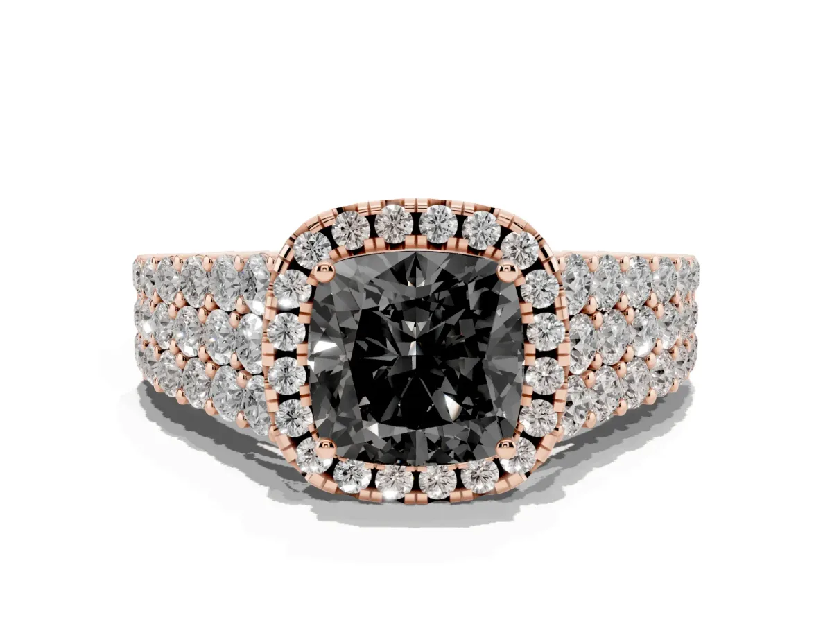 Fancy Black Cushion Cut Diamond Halo Engagement Ring with Triple Row Round Pavé Band and Prong Setting Rose gold