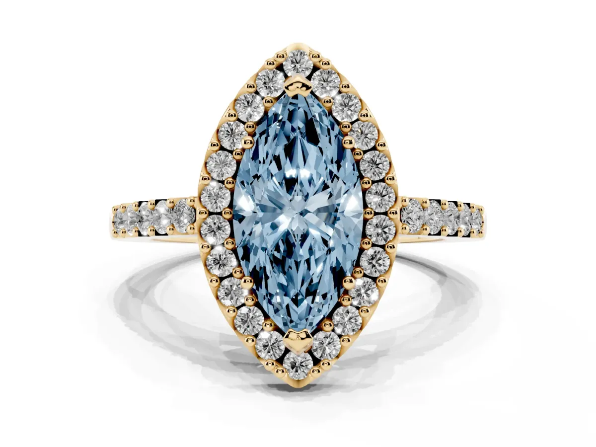 Fancy Blue Marquise Cut Halo Diamond Pavé Solitaire Ring Yellow gold