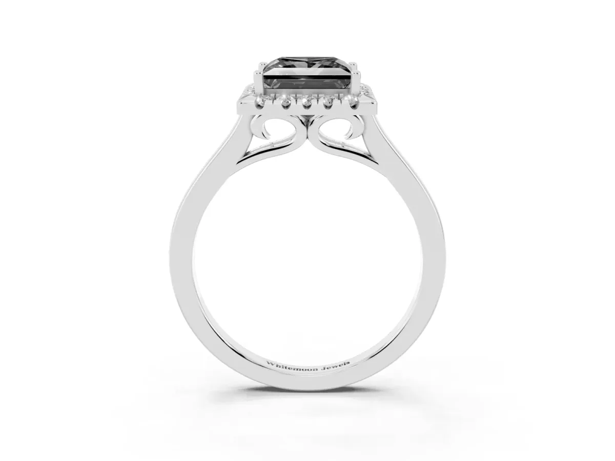 Fancy Black Princess Cut Halo Round Diamond Solitaire Ring with Pavé Band and Four-Prong Setting White gold