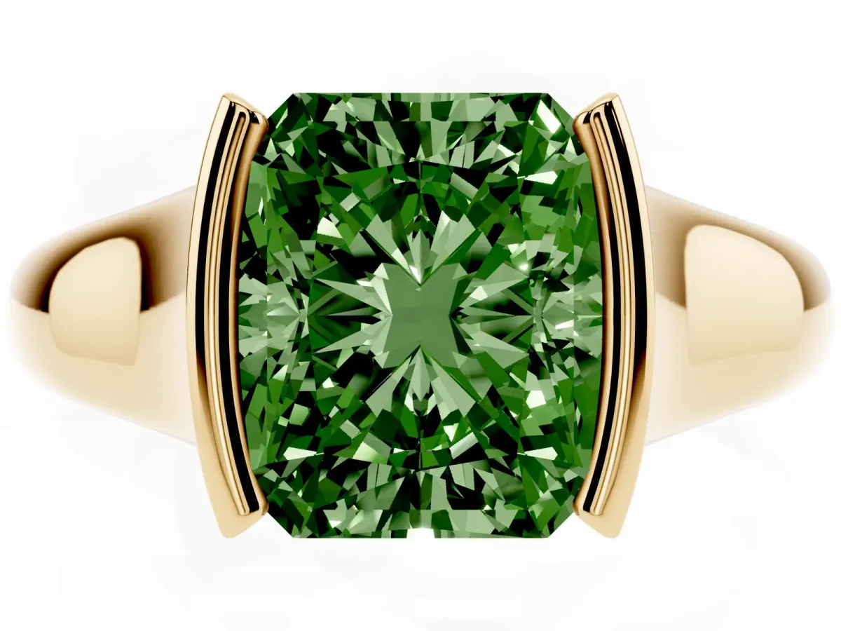 Fancy Green Radiant Cut Solitaire Tension Set Diamond Ring with Split Shank Band Yellow gold