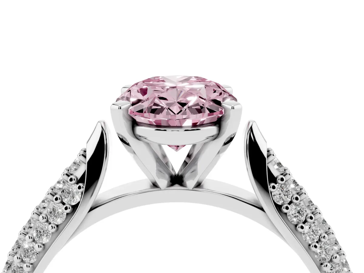Fancy Pink Oval Cut Diamond Solitaire Engagement Ring with Multi-Row Round Pavé Band and Prong Setting Silver