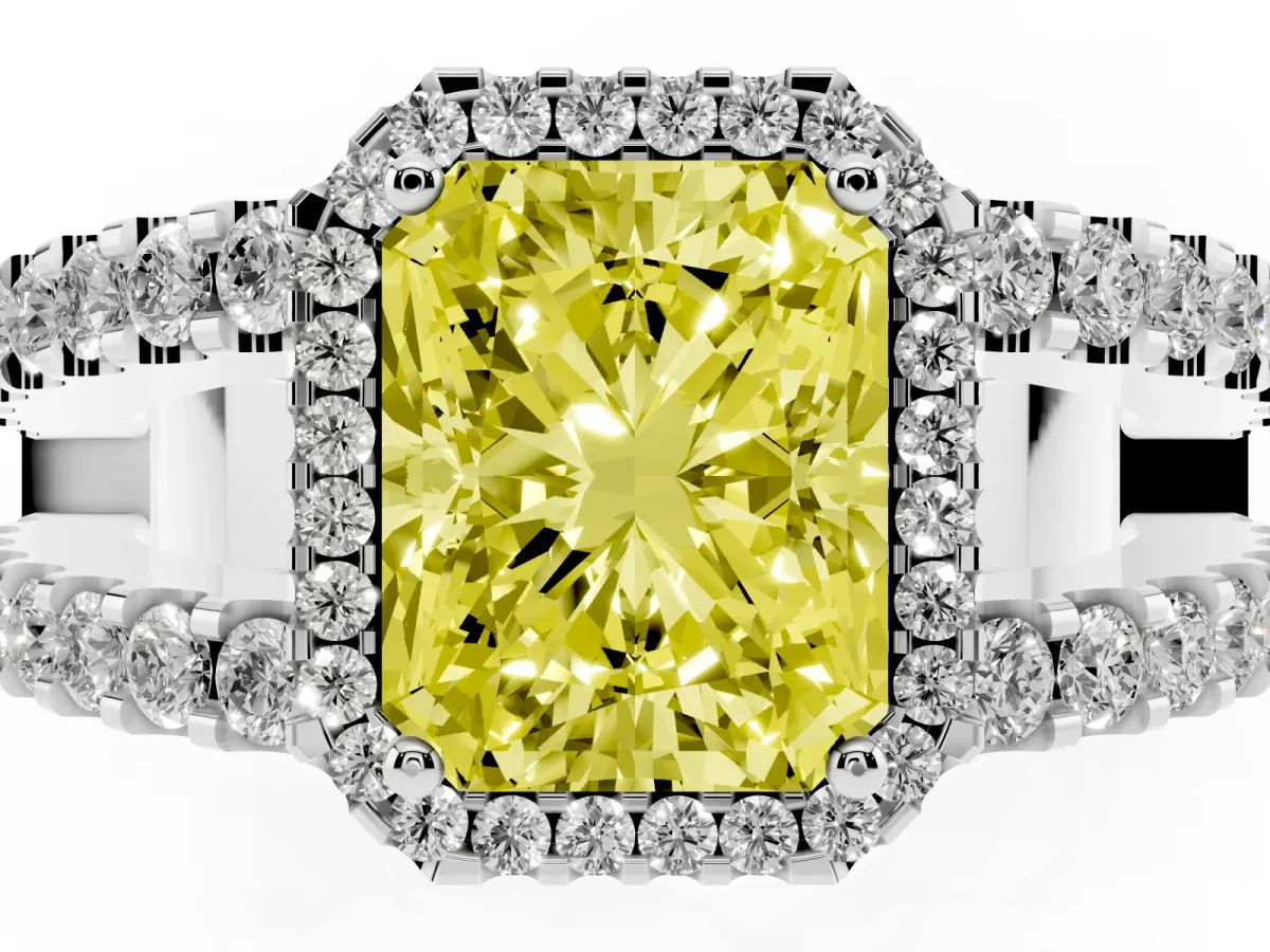 Fancy Yellow Radiant Cut Cut Halo Split Shank Diamond Ring with Four-Prong Setting Silver