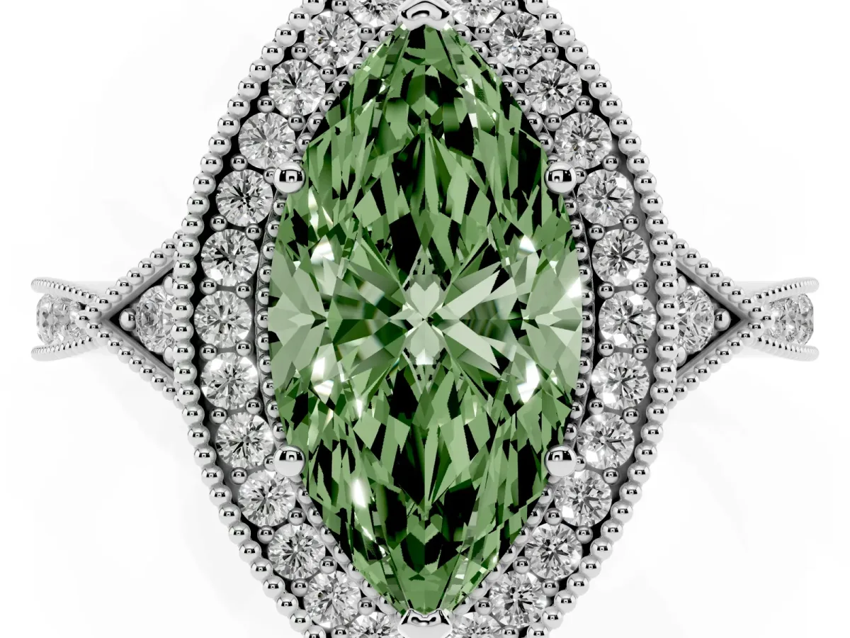 Fancy Green Marquise Cut Halo Round Diamond Milgrain Pave Engagement Ring Silver