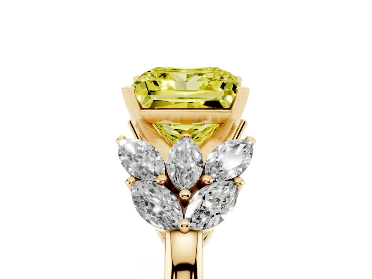 Fancy Yellow Princess Cut Diamond Cluster Leaf Design Ring with Prong Setting Yellow gold